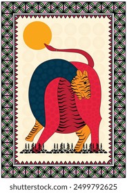 Tiger's Prowl: A Dynamic Gond Representation of Jungle Power. Pintura de tigre de Gond, arte popular indio tigre, obras de arte de tigre tribal, arte de la selva de Gond.