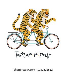 The tigers ride a tandem bike. Vector illustration on a white background. Children card, sticker, party invitation, print for teenager clothes.