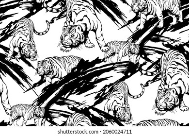 Tigers. Seamless abstract pattern. Black and white coloring. 