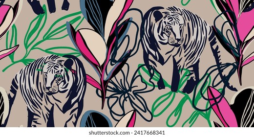 Tigers seamless pattern. Creative collage pattern. Fashionable template for design.