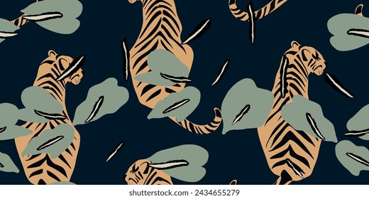 Tigers seamless pattern. Creative collage pattern. Fashionable template for design.
