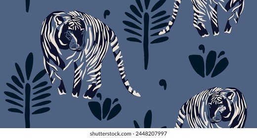 Tigers seamless pattern. Creative collage pattern. Fashionable template for design.
