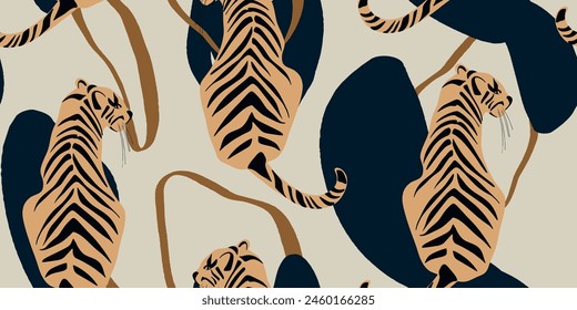 Tigers seamless pattern. Creative collage pattern. Fashionable template for design.
