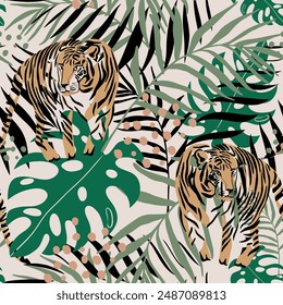 Tigers seamless pattern. Creative collage pattern. Fashionable template for design.