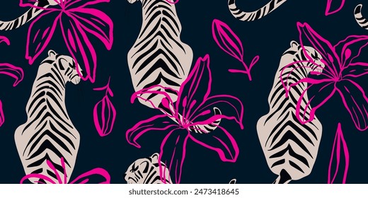 Tigers seamless pattern with flowers background Vector
