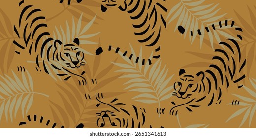 Tigers seamless pattern with flowers background Vector. Yellow background.