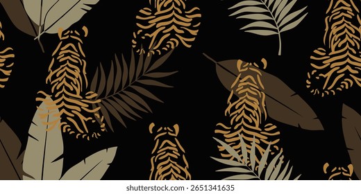 Tigers seamless pattern with flowers background Vector. Brown background.