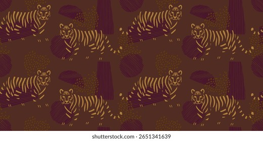 Tigers seamless pattern with flowers background Vector. Brown background.