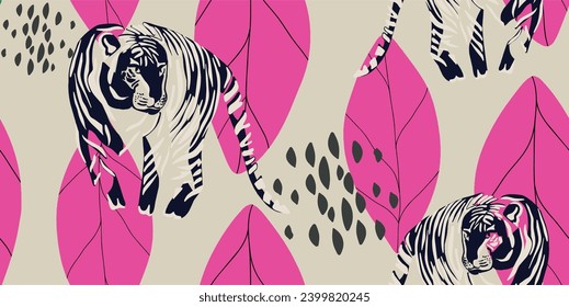 Tigers seamless pattern with leaves background Vector