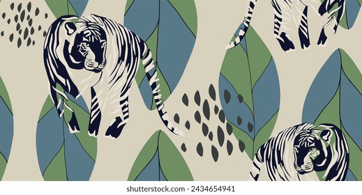 Tigers seamless pattern with leaves background Vector
