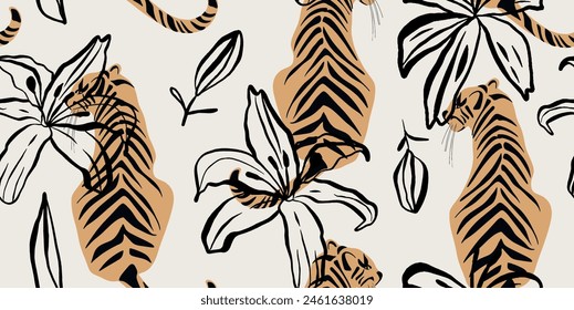 Tigers seamless pattern with leaves background Vector
