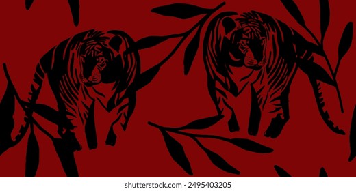Tigers seamless pattern with leaves background Vector

