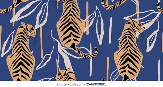 Tigres padrão sem emenda com folhas fundo Vetor