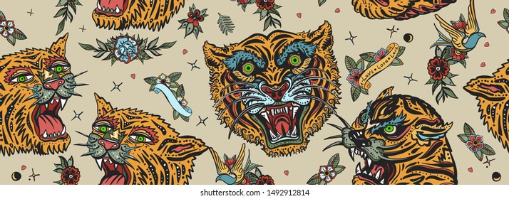 Tigers seamless pattern. Old school tattoo. Asian wild cats heads. Traditional tattooing, japan art style