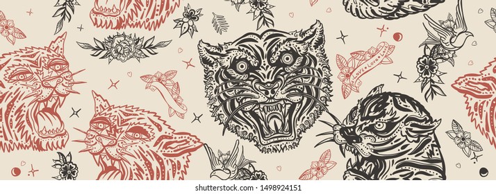 Tigers seamless pattern. Old school tattoo. Asian wild cats heads, japan art style. Vintage traditional tattooing 