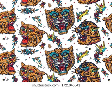 Tigers seamless pattern. Old school tattoo. Japan art style. Asian wild cats heads. Traditional tattooing background 