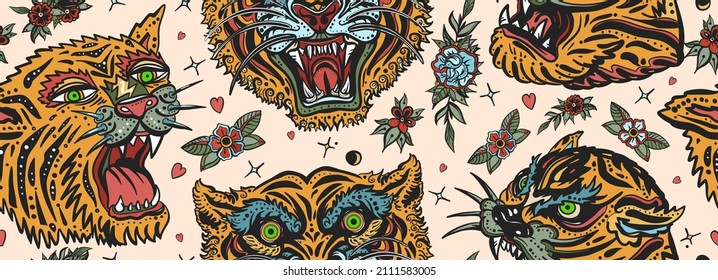Tigers seamless pattern. Old school tattoo. Japan art style. Asian wild cats heads. Traditional oriental tattooing background