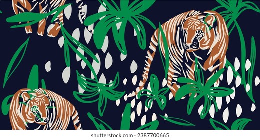 Tigers seamless pattern with tropical flowers background Vector
