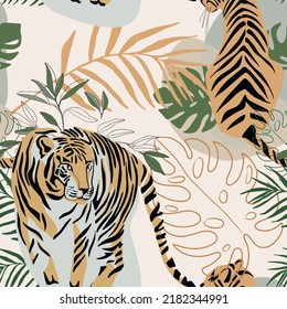 Tigers seamless pattern with tropical leaves background Vector