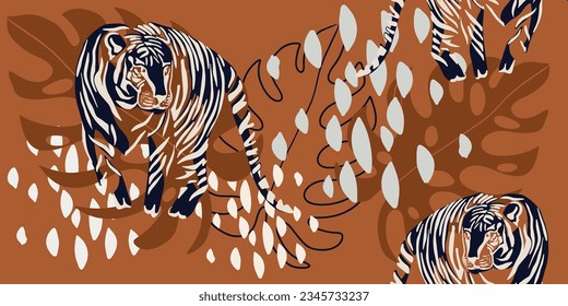 Tigers seamless pattern with tropical leaves background Vector 