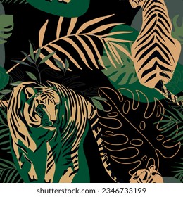 Tigers seamless pattern with tropical leaves background Vector
