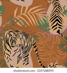 Tigers seamless pattern with tropical leaves background Vector
