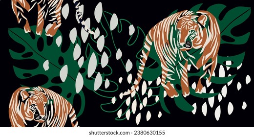 Tigers seamless pattern with tropical leaves background Vector
