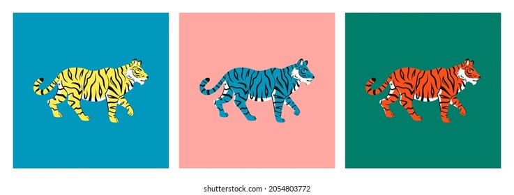 Tigers. A set of 3 hand-drawn illustrations. Abstract tiger stands sideways. Bright and colorful design for poster, print, logo, tattoo, postcard, publications. Flat style. Isolated, vector.