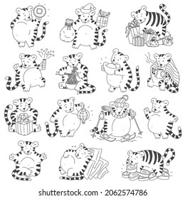 Tigers set with Chinese new year symbols. Cute different tigris black white vector outline cartoon illustrations