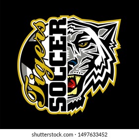 tigers soccer team design with half mascot and ball for school, college or league