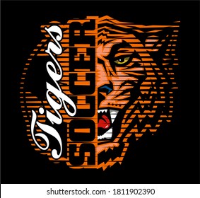 tigers soccer team design with half mascot and ball for school, college or league