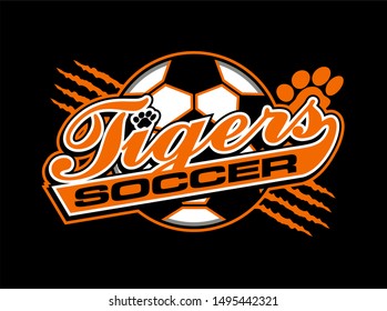 tigers soccer team design in script with ball for school, college or league