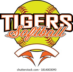 Tigers Softball Design With Banner and Ball is a team design template that includes a softball graphic, overlaying text and a blank banner with space for your own information. Great for advertising.