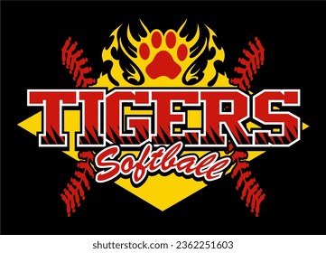 tigers softball team design with flaming paw print for school, college or league sports