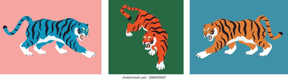 Tigers. Tiger walk. Japanese or Chinese oriental style. Set of three Hand drawn colored Vector illustrations. Print, logo, poster template, tattoo idea. Symbol of 2022 new year