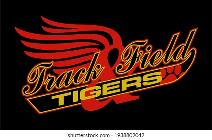 Tigers Track And Field Team Design In Script With Tail For School, College Or League