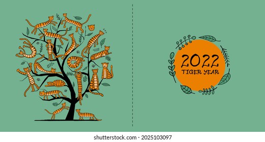 Tigers Tree, animal characters. Symbol of 2022 New Year. Design Template for Christmas card, banner, poster, holiday decoration