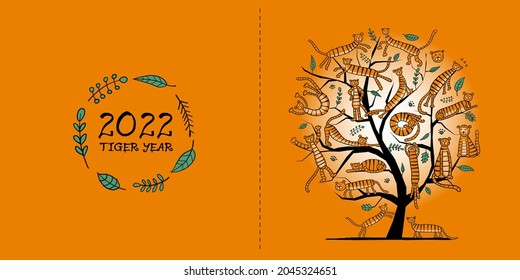 Tigers Tree, animal characters. Symbol of 2022 New Year. Design Template for Christmas card, banner, poster, holiday decoration