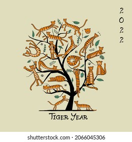 Tigers Tree, animal characters. Symbol of 2022 New Year. Design Template for Christmas card, banner, poster, holiday decoration