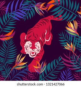  tigers and tropica leavesl, Illustration vector designTrendy style