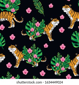 Tigers, tropical , animal, botanical vector seamless pattern on white background . Concept for print, textile, wallpaper, wrapping paper 