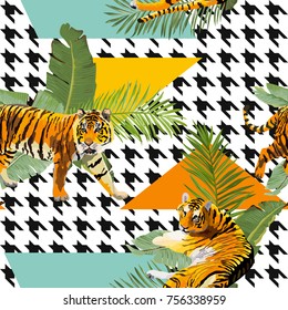 Tigers in Tropical Flowers and Palm Leaves Background, Seamless Pattern in vector