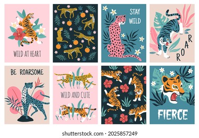 Tigers tropical leaves cards. Beautiful wild nature jungle, exotic predatory animals from cat family, jaguars, leopards and flowers. Safari and zoo mammals posters. Vector isolated set