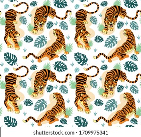 Tigers with tropical leaves seamless pattern vector illustration. Exotic plants and predatory animal in different poses cartoon design. Summer print. Isolated on white