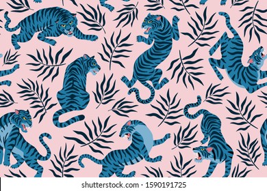 Tigers and tropical leaves. Trendy illustration. Abstract contemporary seamless pattern.