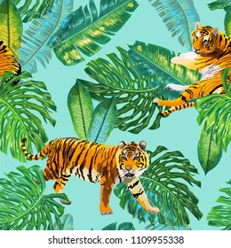 Tigers in Tropical Palm Leaves Seamless Pattern. Tropic Watercolor Background with Tiger and Monstera for Wallpaper, Wrapping Paper. Vector illustration