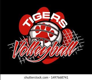 tigers volleyball team design with paw print on ball for school, college or league