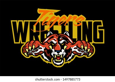 tigers wrestling team design with mascot head for school, college or league