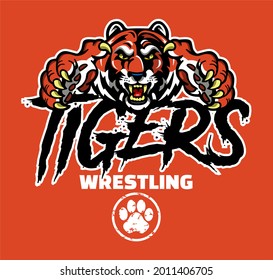 tigers wrestling team design with mascot head for school, college or league