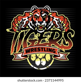 tigers wrestling team design with mascot head, banner and paw print for school, college or league sports